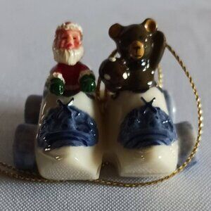 Mini Ceramic Dutch Wooden Shoes W/Santa & Bear Ornament
